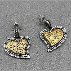 Chicos Heart Dangle Earrings Gold Silver Two Tone Rhinestone Swirl Pierced